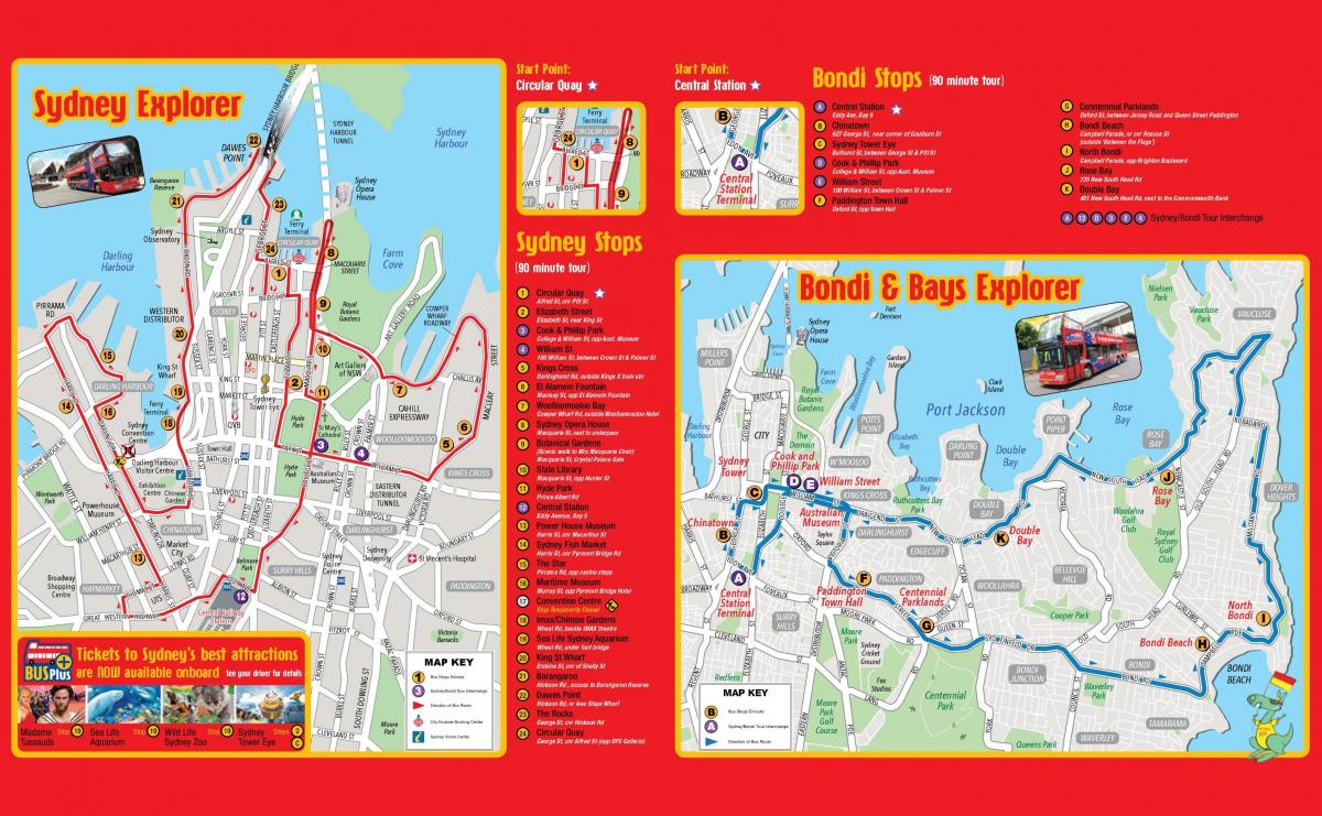 Mappa dei tour in autobus di Sydney Hop On Hop Off